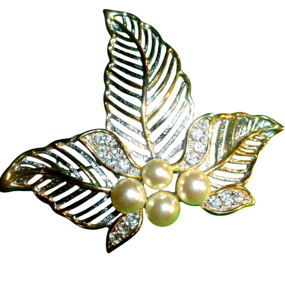 Vintage‎ Green Enamel Leaf Brooch Gold Tone Faux Pearl Rhinestone Botanical Pin